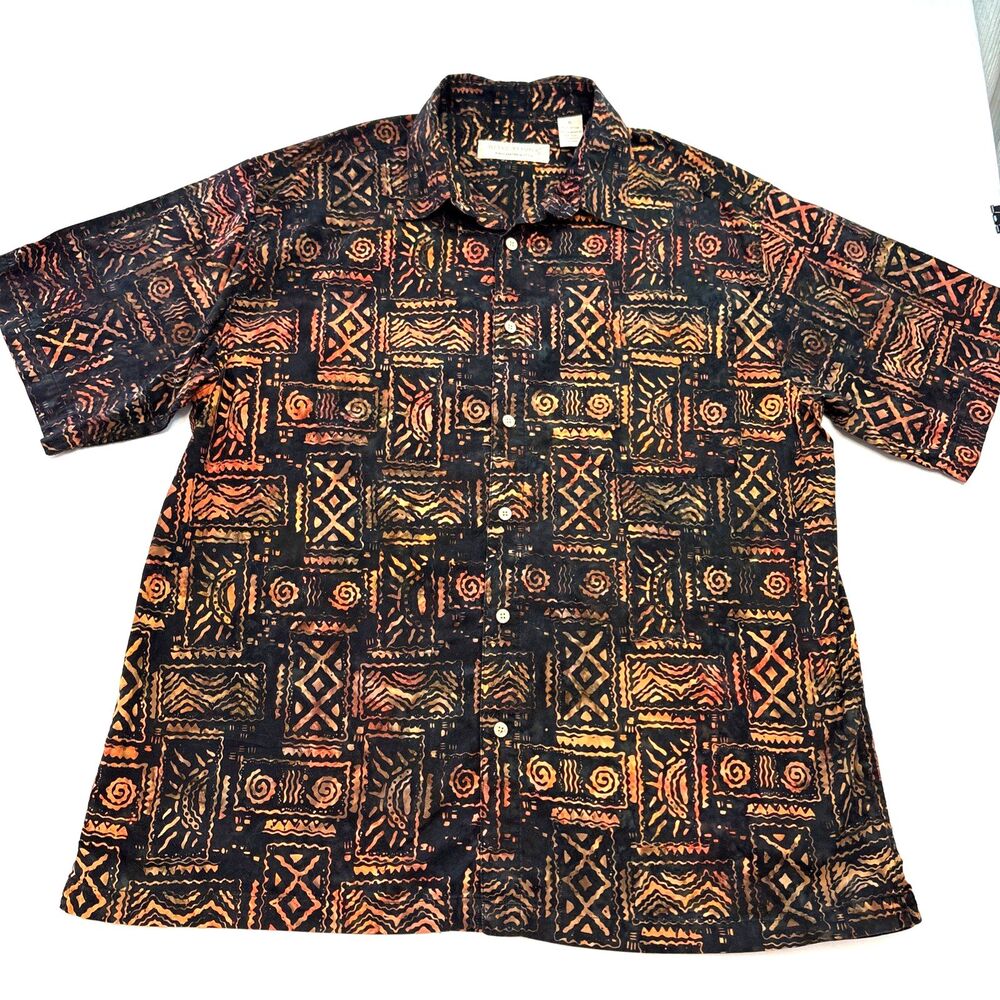 Island Republic Hawaiian Camp Shirt Black Red Orange Tie Die Tribal Mens XL